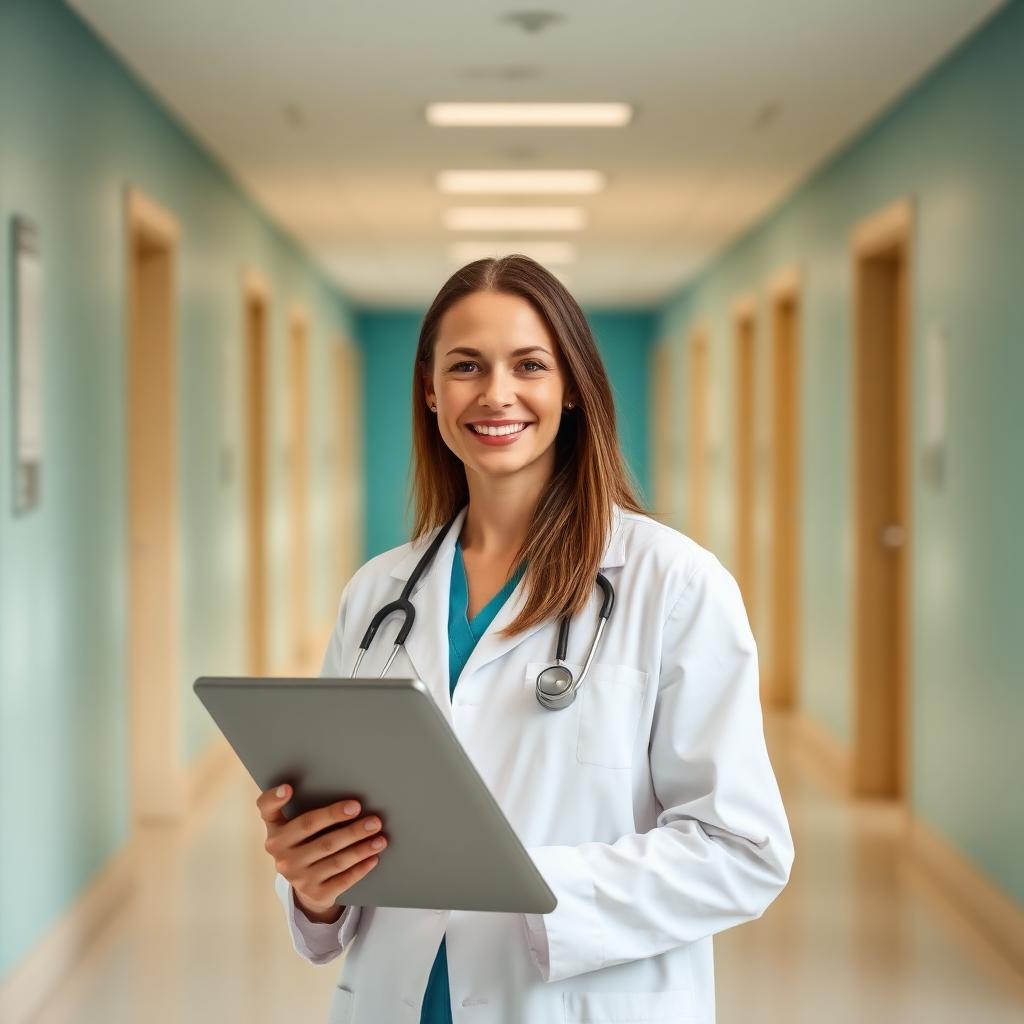 Médica sorrindo com tablet em corredor de clínica
